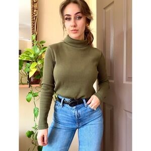 90s Olive Green Ribbed Turtleneck Sweater Cotton Blend Small